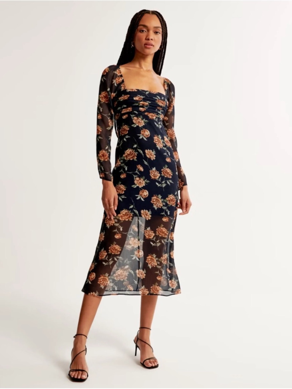 Abercrombie & Fitch Emerson Chiffon Floral Midi Dress | Ruched Bodice | Size S